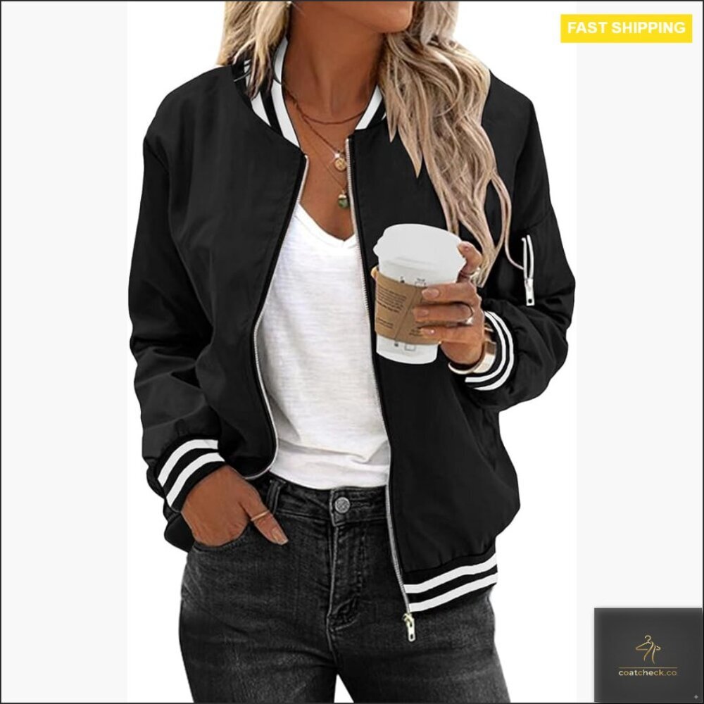 Lightweight Bomber Jacket with Pockets, Zip Up Casual Coat for Spring Fall